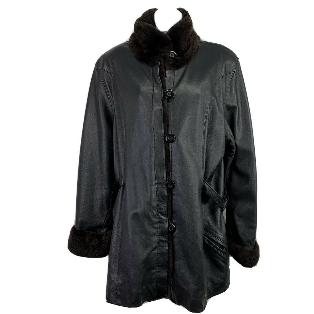 Unbranded Leather Fur Jacket Black Button Front